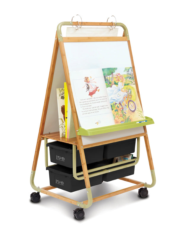 BE1-RCY Double-Sided Bamboo Teaching Easel, 100% Recycled Plastic Bins